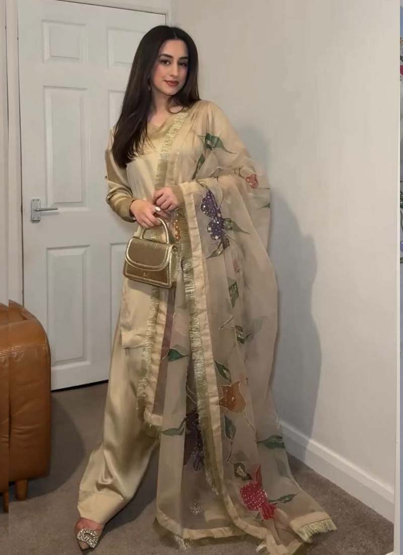 Prazu Fashion Golden Japan Satin Silk Designer Palazzo Suit