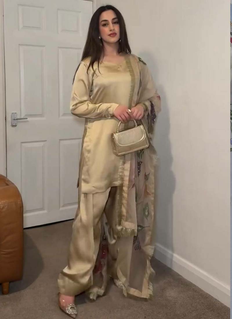 Prazu Fashion Golden Japan Satin Silk Designer Palazzo Suit