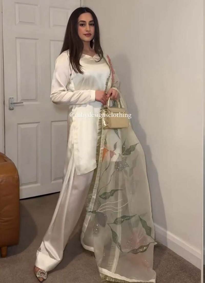 Prazu Fashion Off White Japan Satin Silk Designer Palazzo Suit