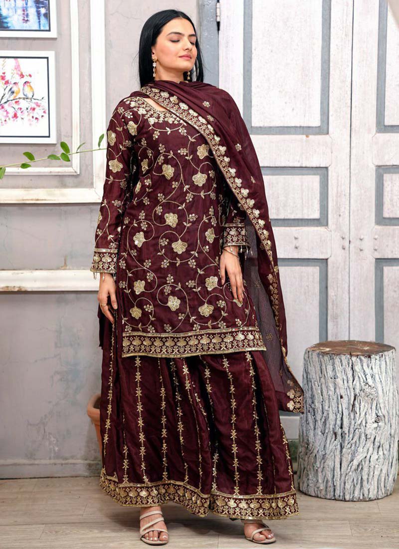 Prazu Fashion Dark Maroon Chinon Silk Embroidered Sharara Suit