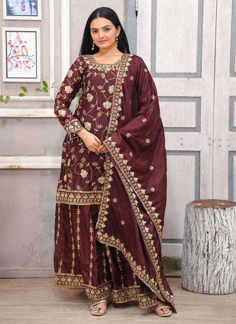 Prazu Fashion Dark Maroon Chinon Silk Embroidered Sharara Suit