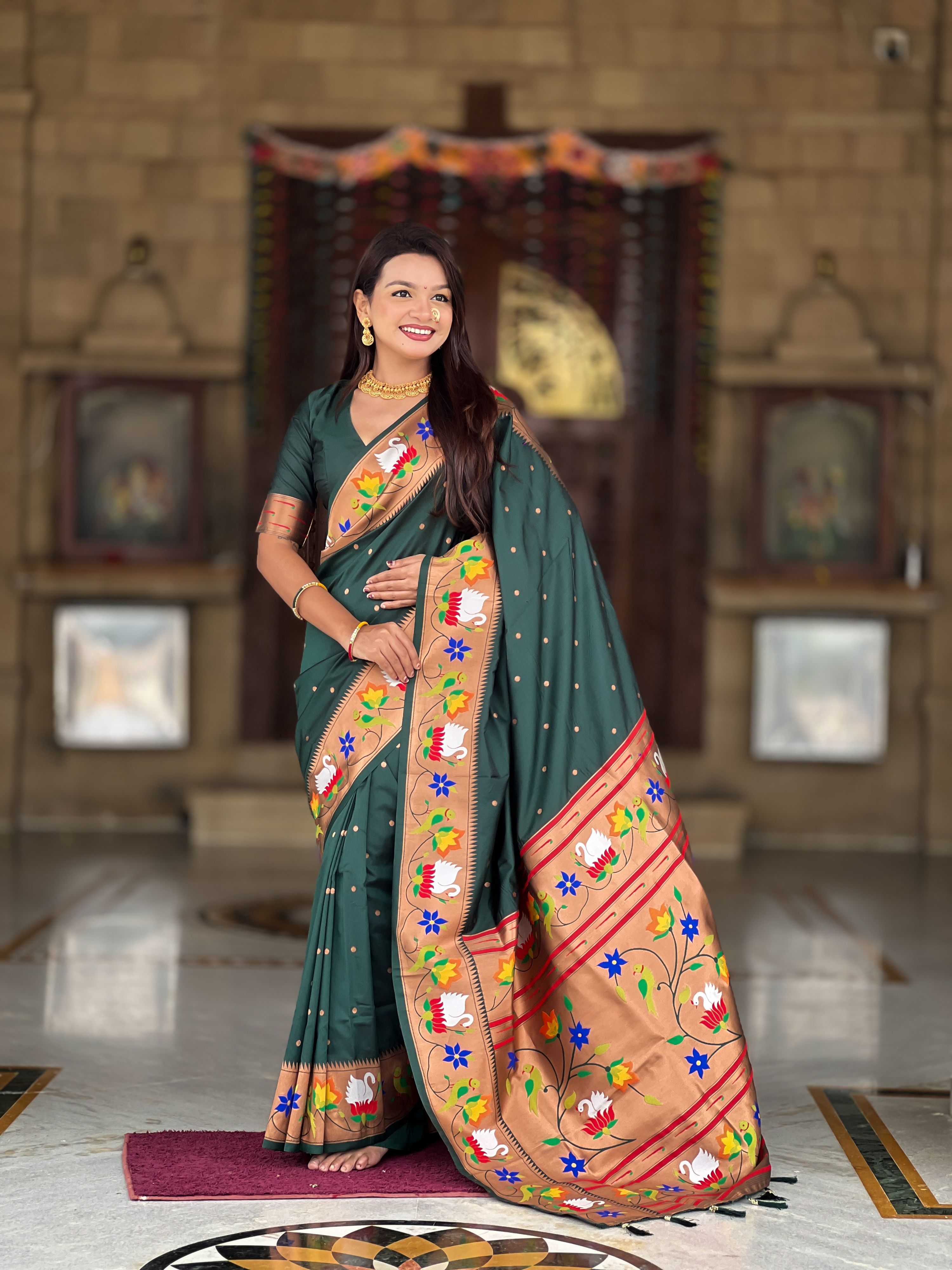 Mameraa Sarees Green Faux Banarasi Silk Saree With Paithani Rich Weaved Pallu And Blouse-Green - Dista