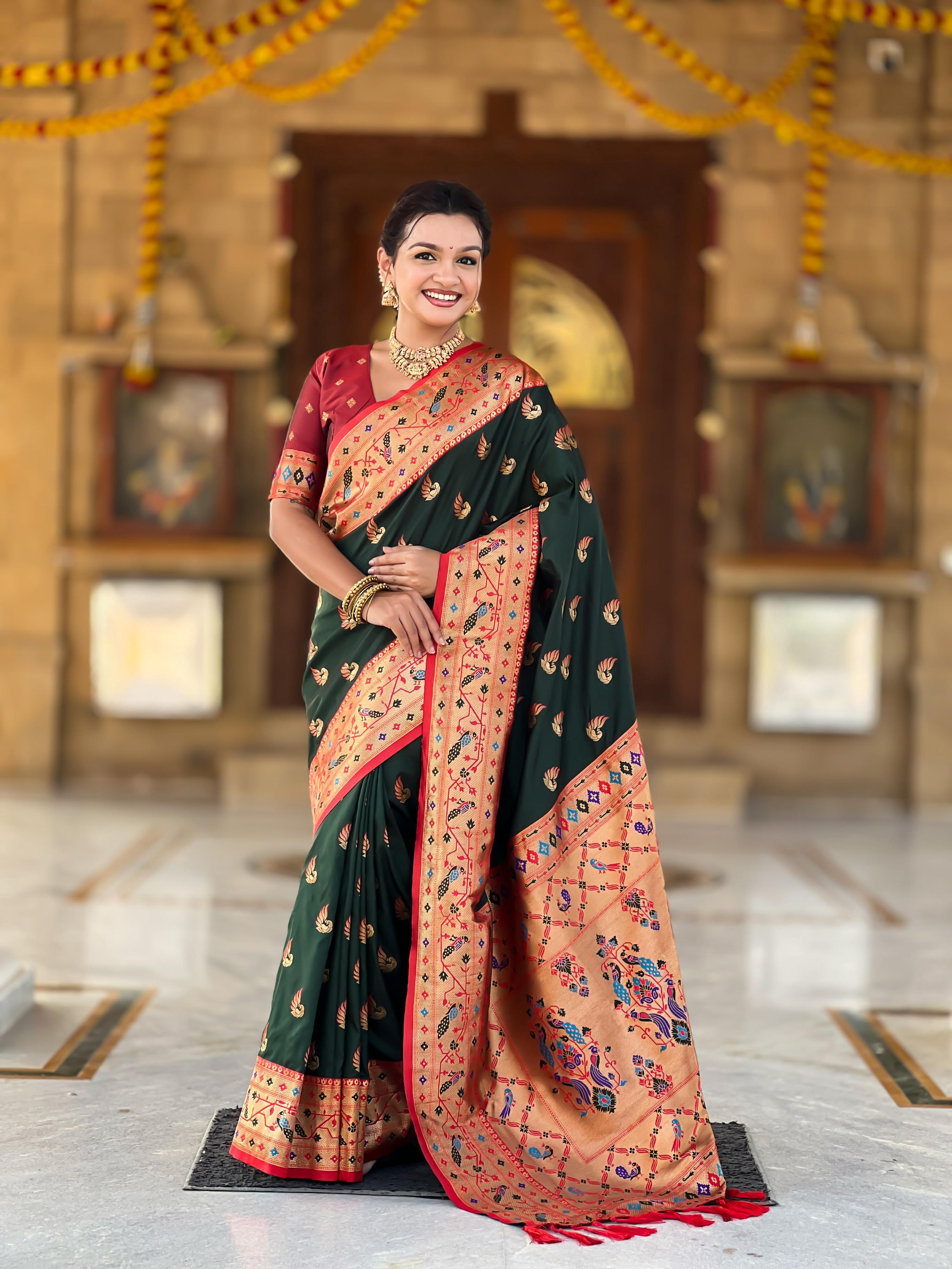 Mameraa Sarees Green Faux Banarasi Silk Saree With Paithani Rich Weaved Pallu And Blouse-Green - Dista