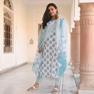 Malishka Women's Blue Cotton Blend Embroidery Kurta Set With Dupatta - Distacart