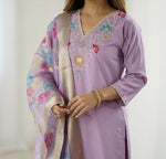 Thumbnail for The52 Lavender Women's Gorgeous Embroidered work Viscose Gadhwal Fabric Straight Kurta, Pant and Dupatta Set - Distacart