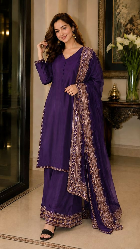 Teeya Creation New Latest Stylish Classic Jambli Festive Kurta Set with Gold Zari Border Palazzo and Dupatta - Dista
