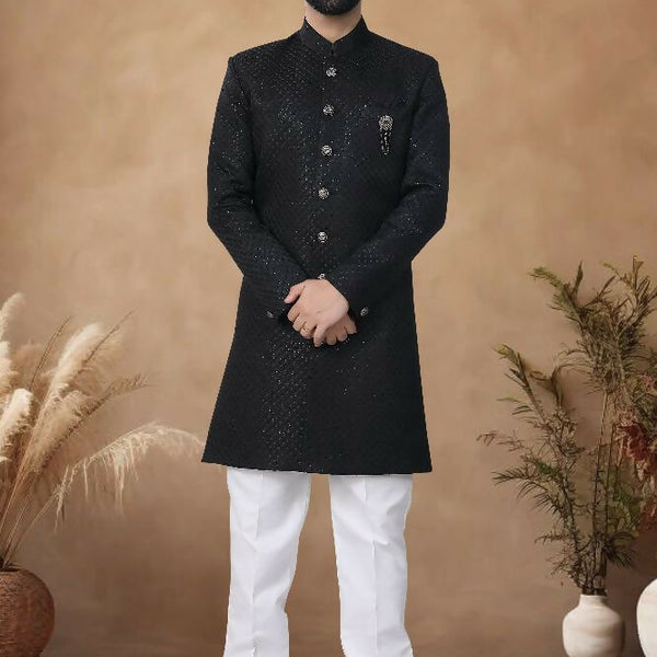 Joban Fashion Men's Black Straight Silk Thread & Sequence Embroidery All Over Indo-Western Kurta Set - Distacart