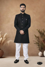 Thumbnail for Joban Fashion Men's Black Straight Silk Thread & Sequence Embroidery All Over Indo-Western Kurta Set - Distacart