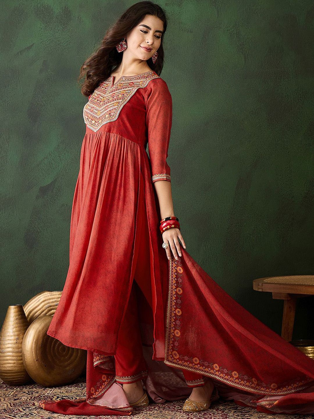 Sangria Zari Sequence Embroidered Kurta & Trousers With Dupatta