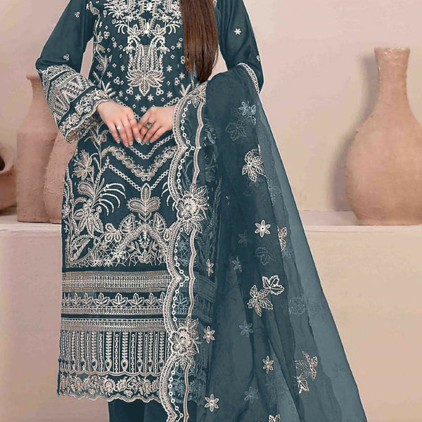 Anaita Teal Faux Georgette Stitched Suit with Embroidery Work - Distacart