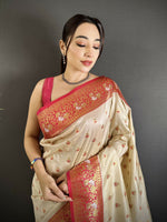 Thumbnail for Joban Fashion Off White Intricate Motifs Soft Silk Banarasi Saree - Dista