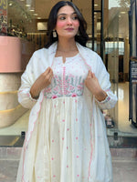 Thumbnail for The52 White Women's Beautiful Cotton Fabric Thread Work Straight Kurta Pant and Dupatta Set - Distacart