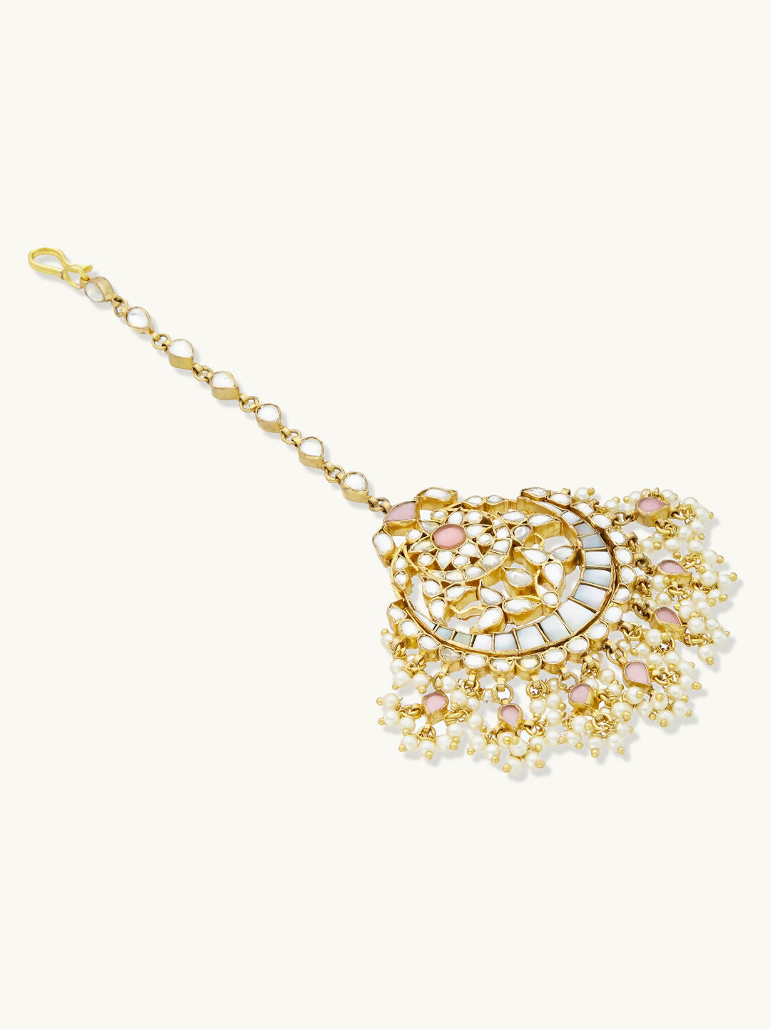 Nuyug 22K Gold-Plated Pearls & Pink Kundan Studded Statement Maang Tikka Head Jewellery