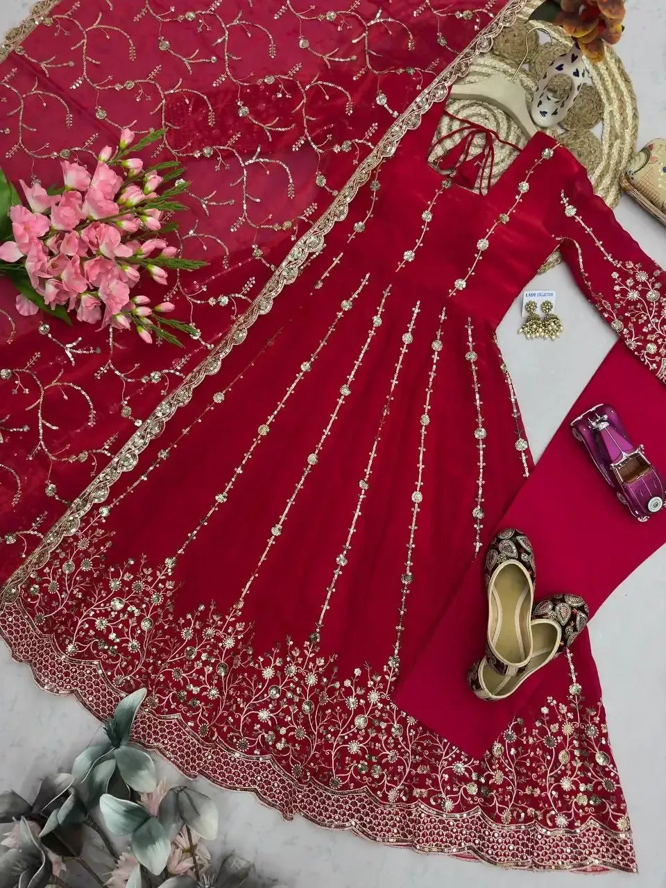 Teeya Creation Designer Red Heavy Zari & Sequins Work Anarkali Gown - Dista