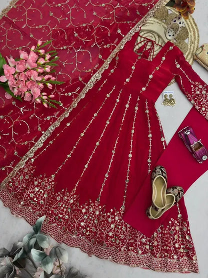 Teeya Creation Designer Red Heavy Zari & Sequins Work Anarkali Gown - Dista