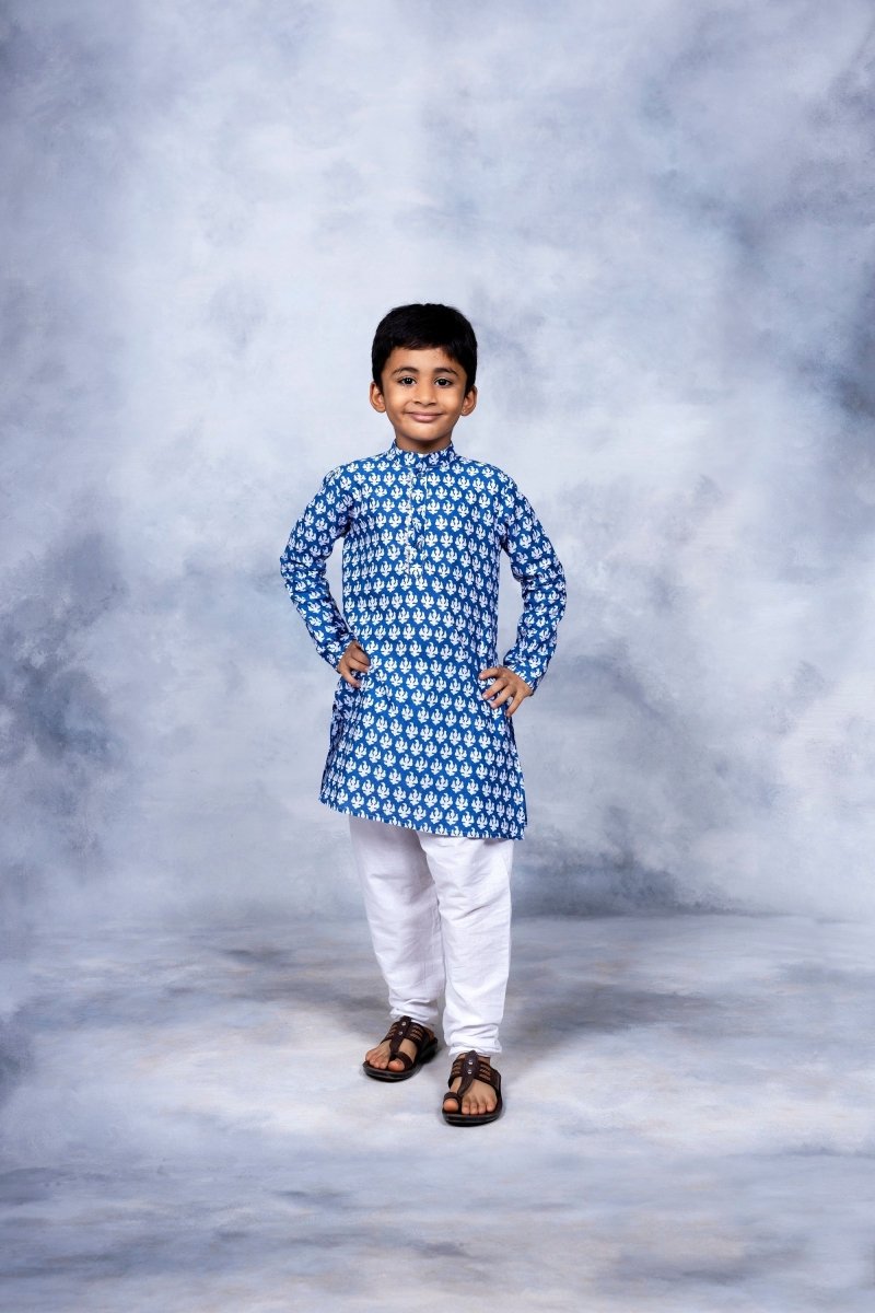 Ahalyaa Boys Blue Pure Cotton Porcian Print Kids Kurta Churidar Set - Distacart