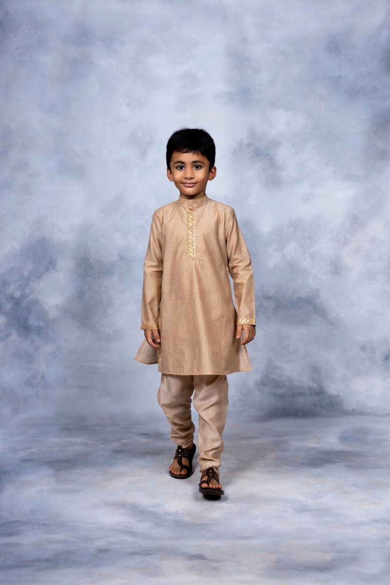 Ahalyaa Boys Beige Poly Silk Gold Printed Kids Kurta Churidar Set - Distacart