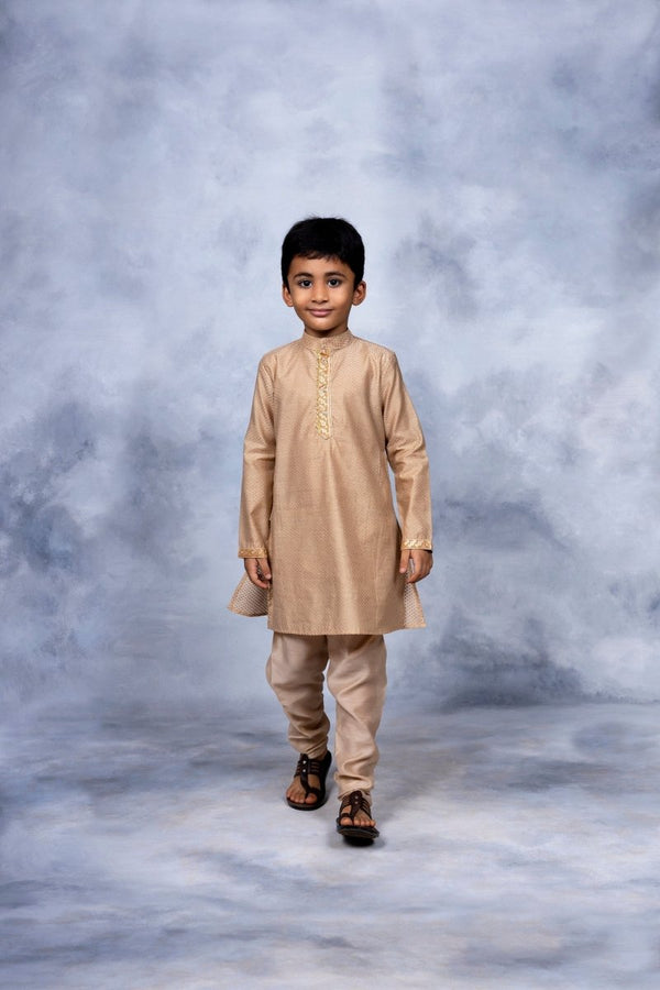 Ahalyaa Boys Beige Poly Silk Gold Printed Kids Kurta Churidar Set - Distacart