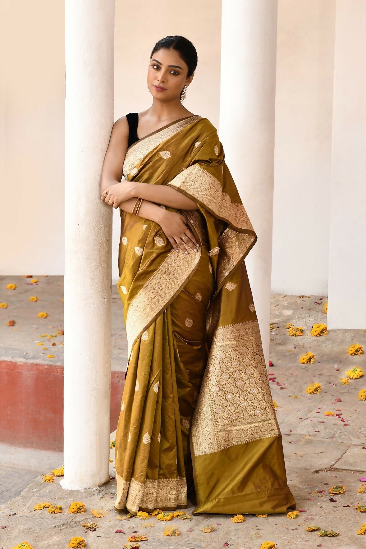 Joban Fashion Olive Pure Katan Pure Handloom Banarasi Silk Saree