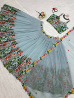Thumbnail for Preksha Creation Sky Blue Tabby Organza With Thread Women Lehanga Choli - Distacart