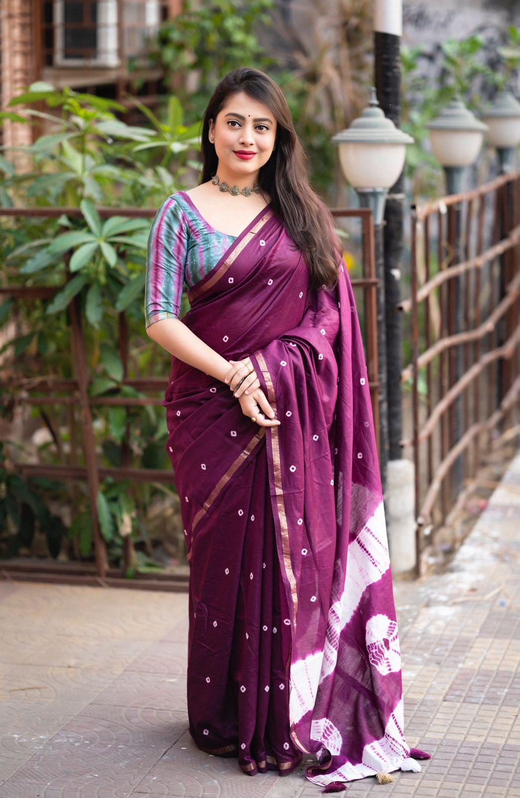 Purple Chanderi Cotton Block Print Saree with Unstitched Blouse - Hiral Fashion - Distacart