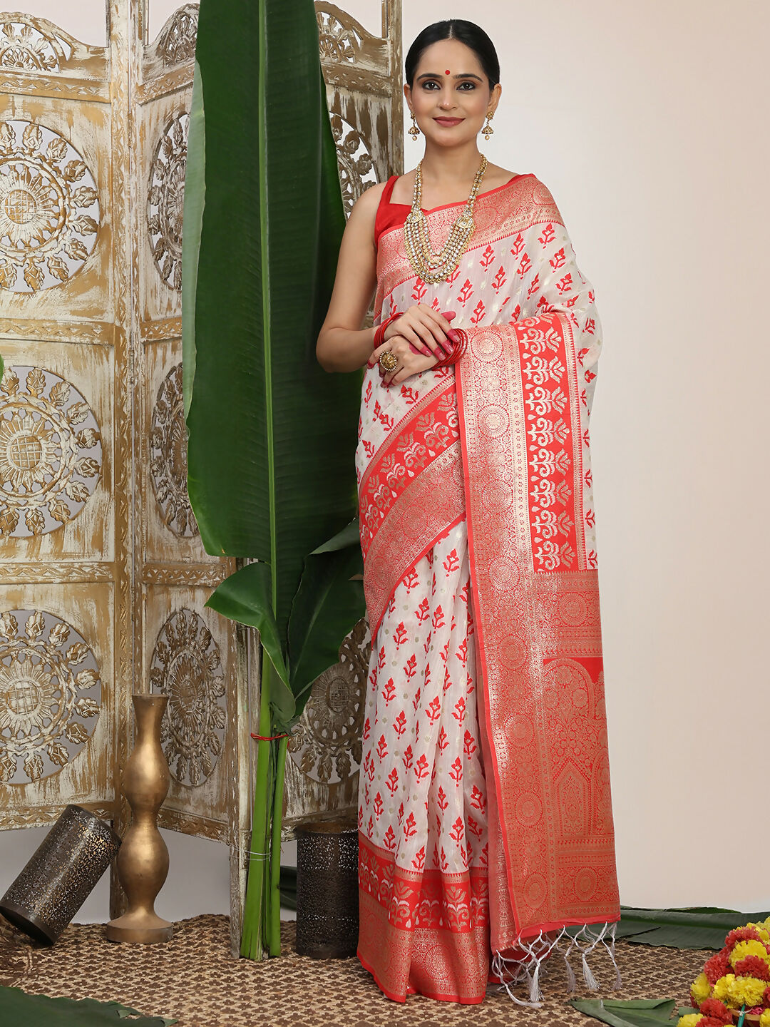 Astita Linen Cotton Red & White Saree