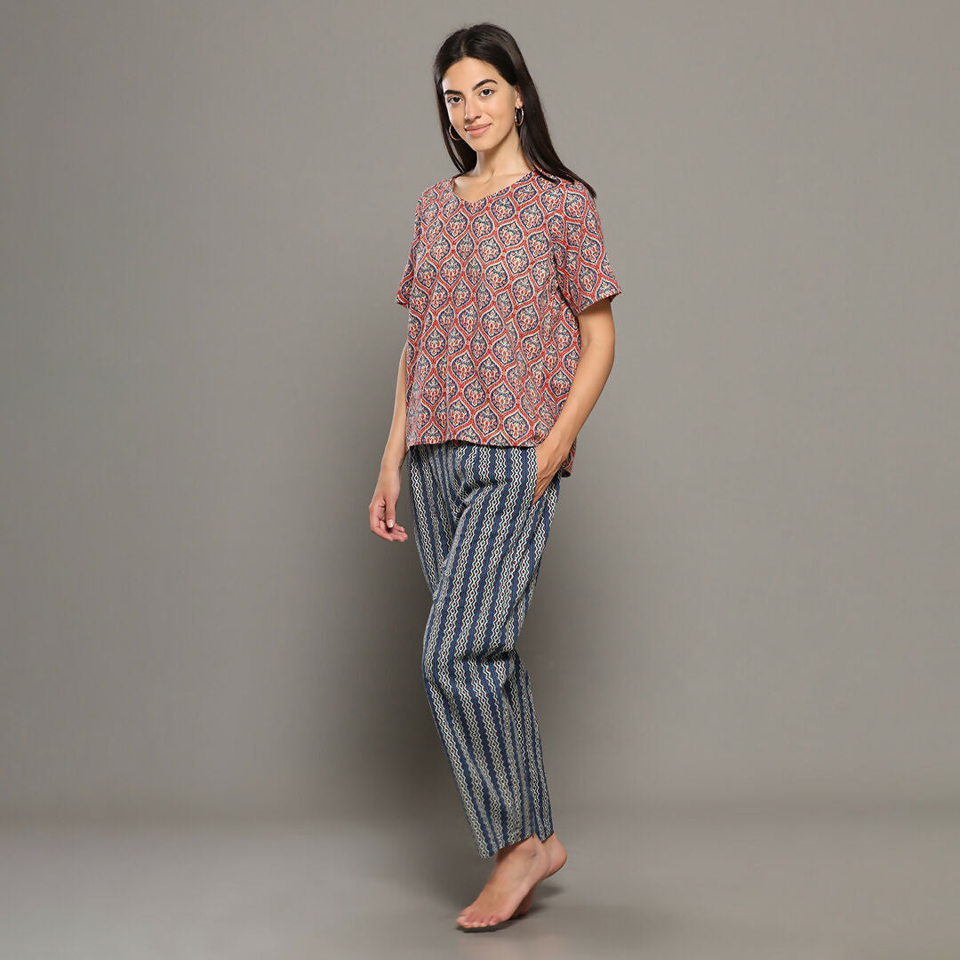 Breathables Women Cotton Printed Loungewear Kurta And Pants Co-Ord Set Pink & Navy I Nightwear - Dista