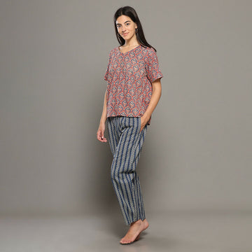 Breathables Women Cotton Printed Loungewear Kurta And Pants Co-Ord Set Pink & Navy I Nightwear - Dista