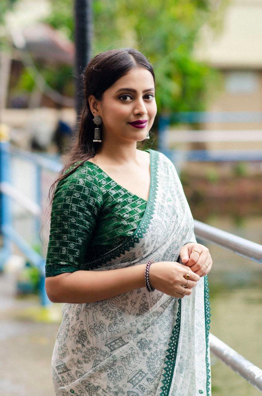 Green Pure Georgette Warli Saree with Unstitched Blouse - A2M