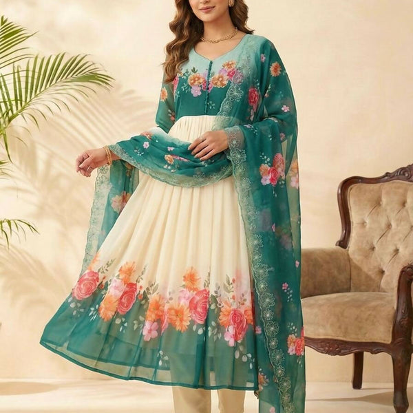 Teeya Creation Womens New Fancy Fox Georgette Heavy Quality Fabric With Handwork Teal Gown Set - Dista