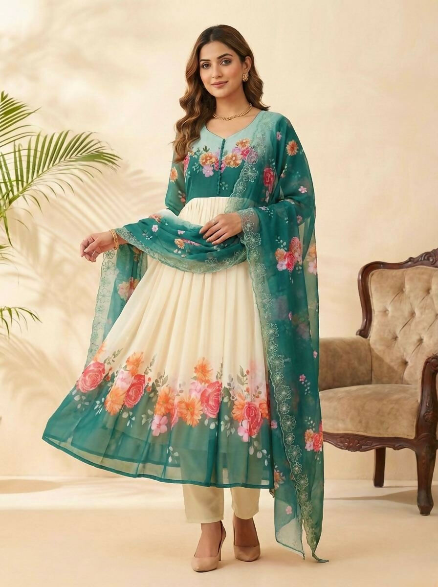 Teeya Creation Womens New Fancy Fox Georgette Heavy Quality Fabric With Handwork Teal Gown Set - Dista