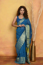 Thumbnail for Very Much Indian Handloom Pure Cotton Linen Saree With Golden Border - Serene Blue - Distacart