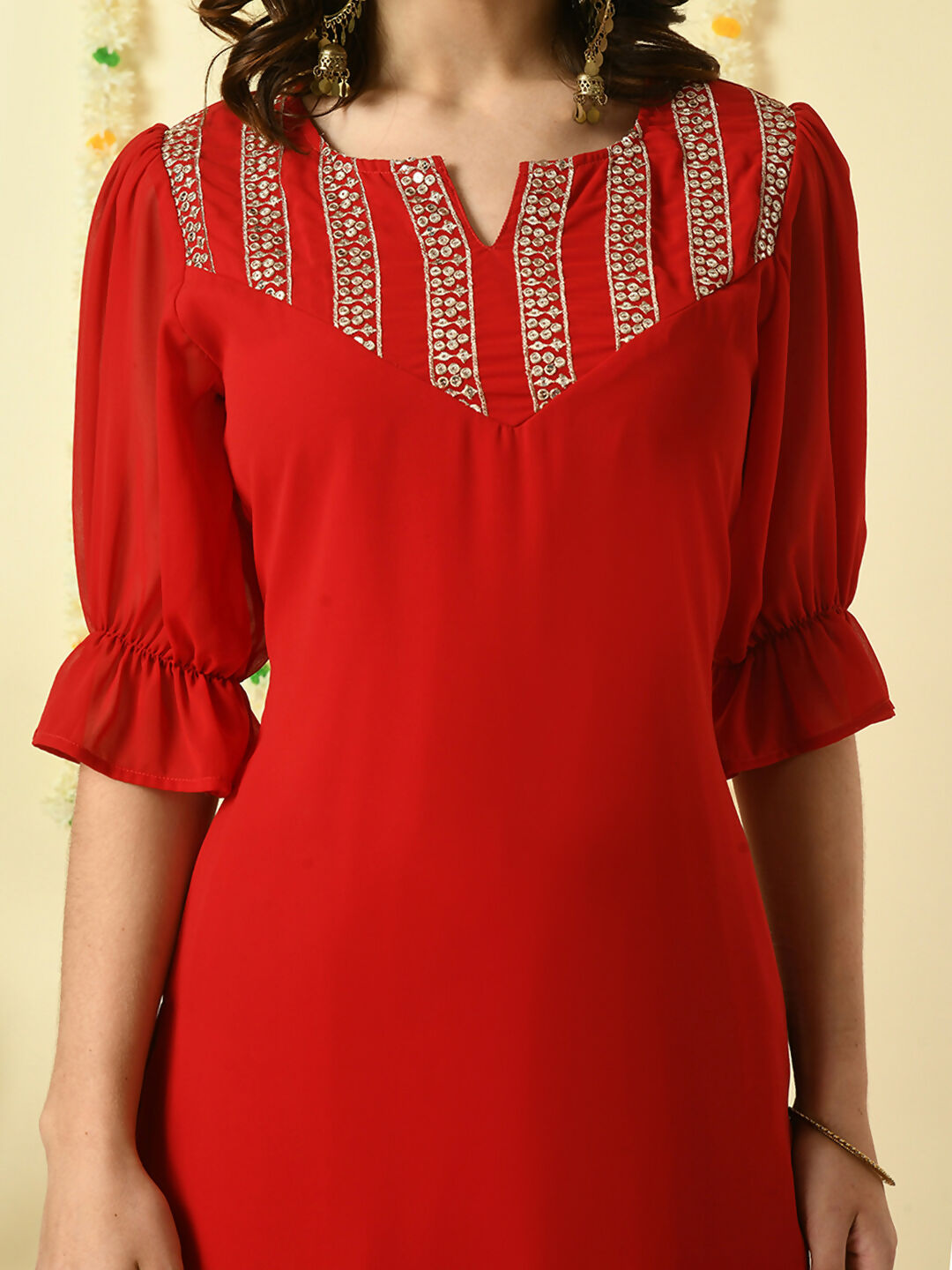 Myshka Women's Red Georgette Kurta With Trousers Party Sets - Distacart
