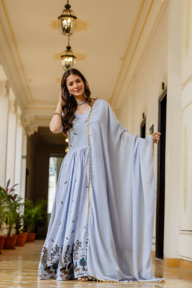 Teeya Creation Lavender Chinnon Heavy Work Long Wedding Gown - Distacart