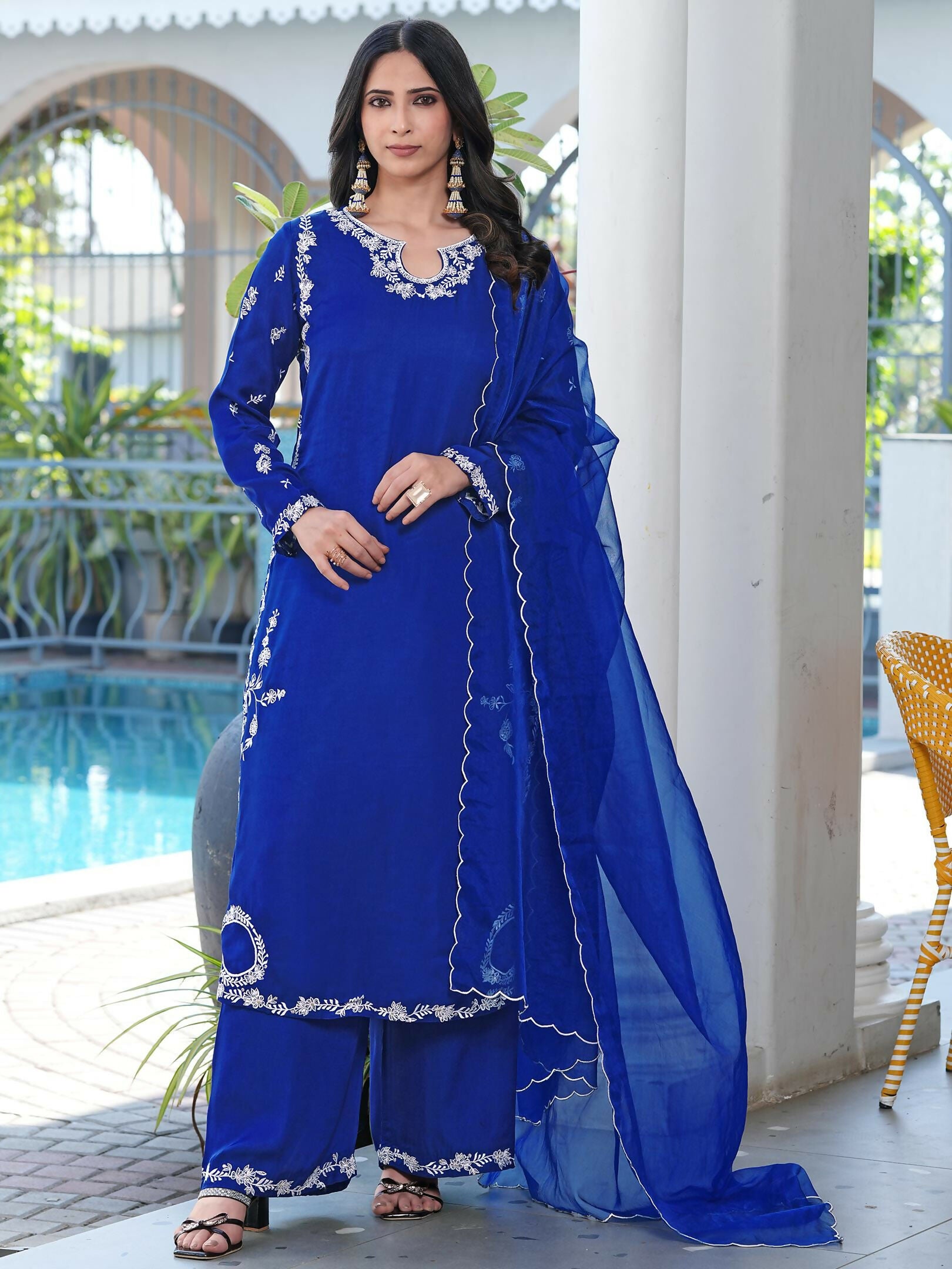 Nikhaar Royal Blue Embroidered Modal Silk Stitched Straight Cut Kurta Culottes Dupatta Readymade Suit - Dista