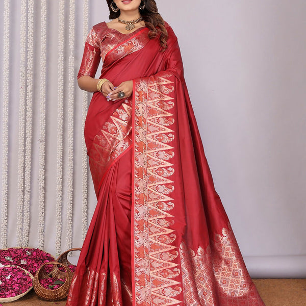 Joban Fashion Banarasi Red Jacquard WovenSoft Silk Saree