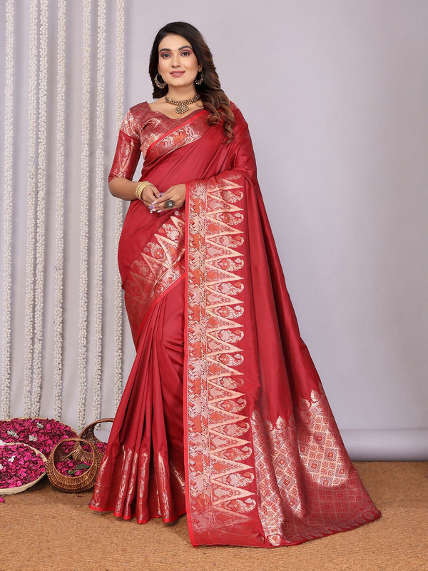 Joban Fashion Banarasi Red Jacquard WovenSoft Silk Saree