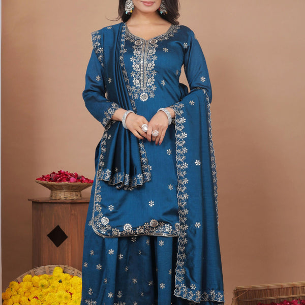 Lehenga Mart Designer Sharara Suit With Kurta, Sharara, Dupatta For Women-Teal Blue - Distacart