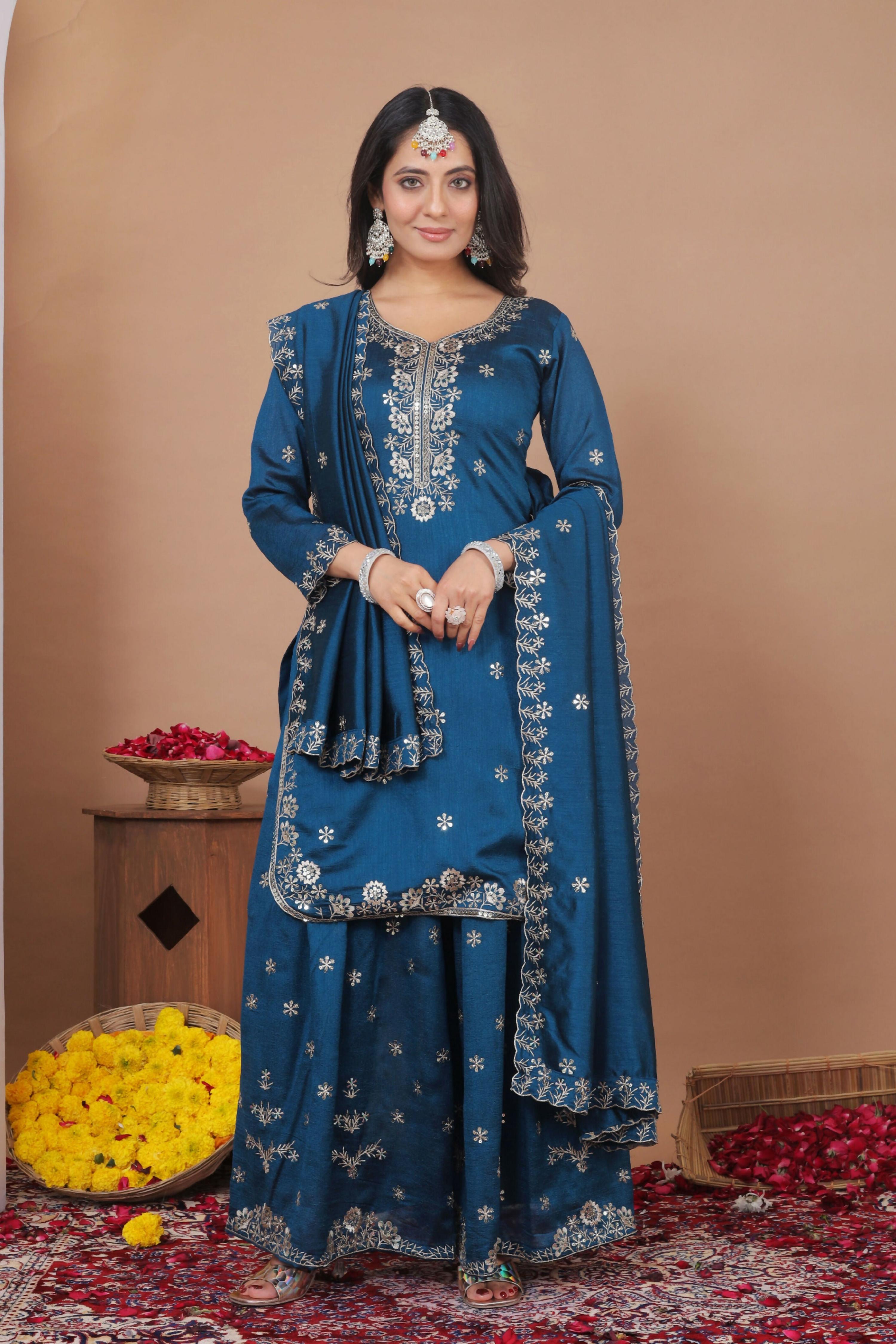 Lehenga Mart Designer Sharara Suit With Kurta, Sharara, Dupatta For Women-Teal Blue - Distacart