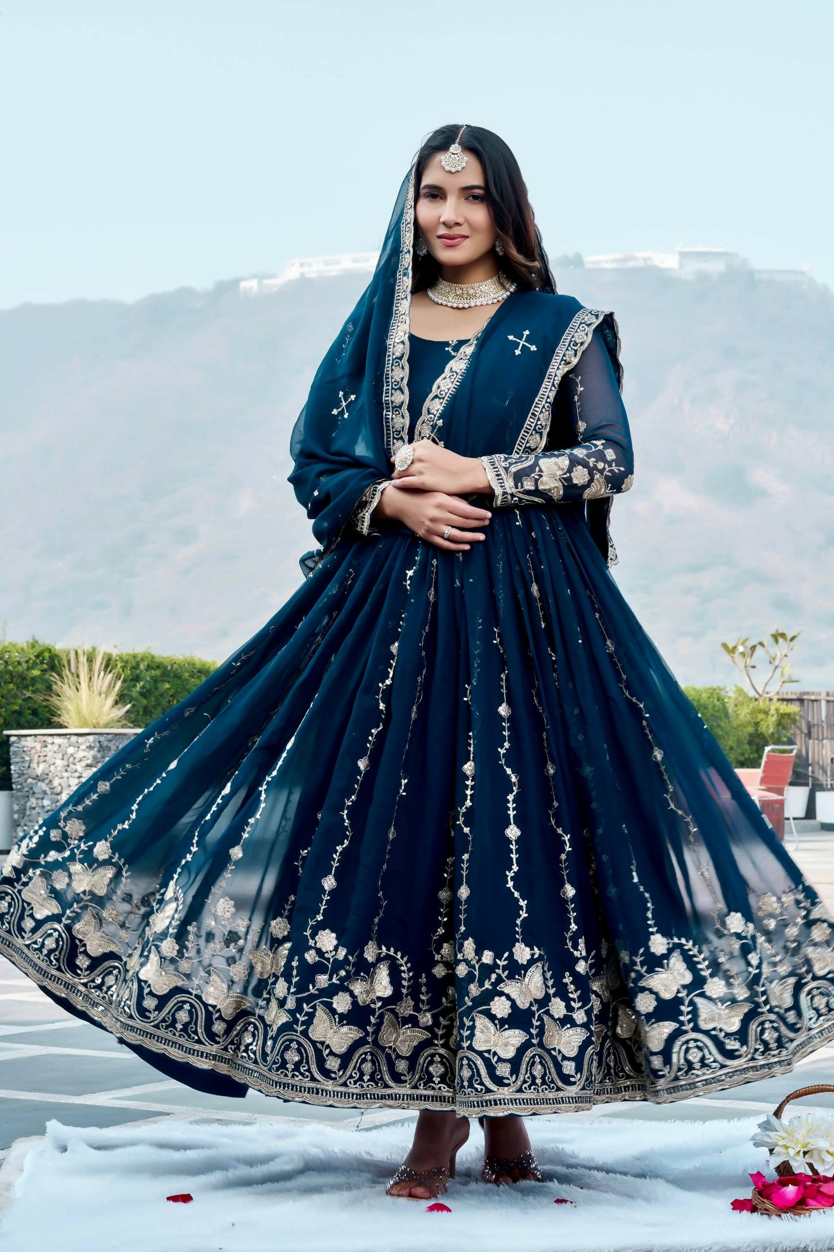 Teeya Creation Womens New Trendy Heavy Cording Sequence & Beads Embroidery Work Teal Gown Set - Dista