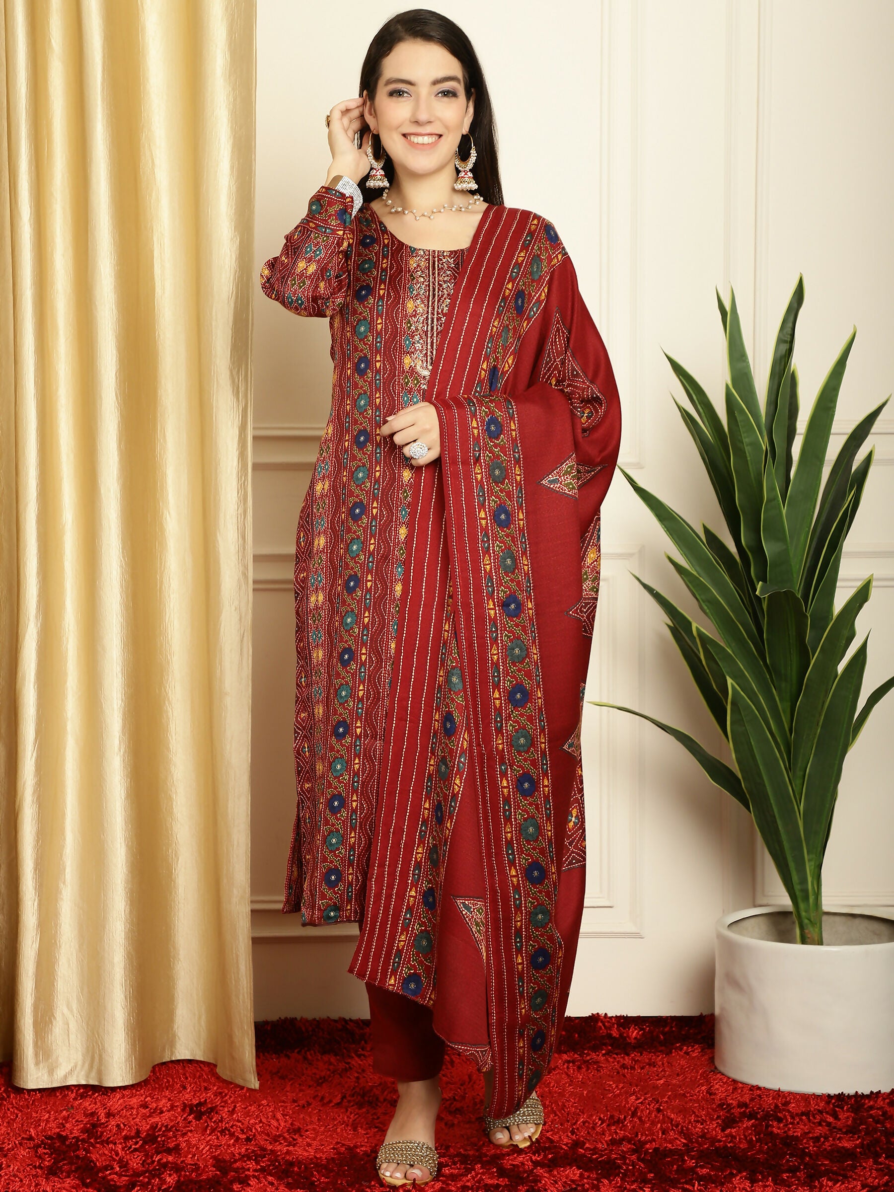 Jyoti Fashion Women's Maroon Pashmina Floral Digital Printed Kurta with Trouser & Dupatta - Distacart