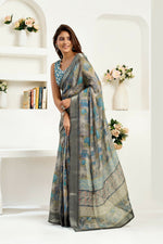 Thumbnail for Joban Fashion  Dusty Brown Floral & Ethnic Motifs Linen Ready To Wear Saree With Unstitched Blouse - Distacart