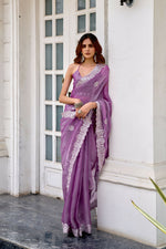 Thumbnail for Vastranavya Lavender Embroidery Work Shimmer Chiffon Saree with Unstitched Blouse