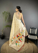 Thumbnail for Joban Fashion Off-White Peacock & Floral Motifs Soft Silk Kanchipuram Saree - Distacart