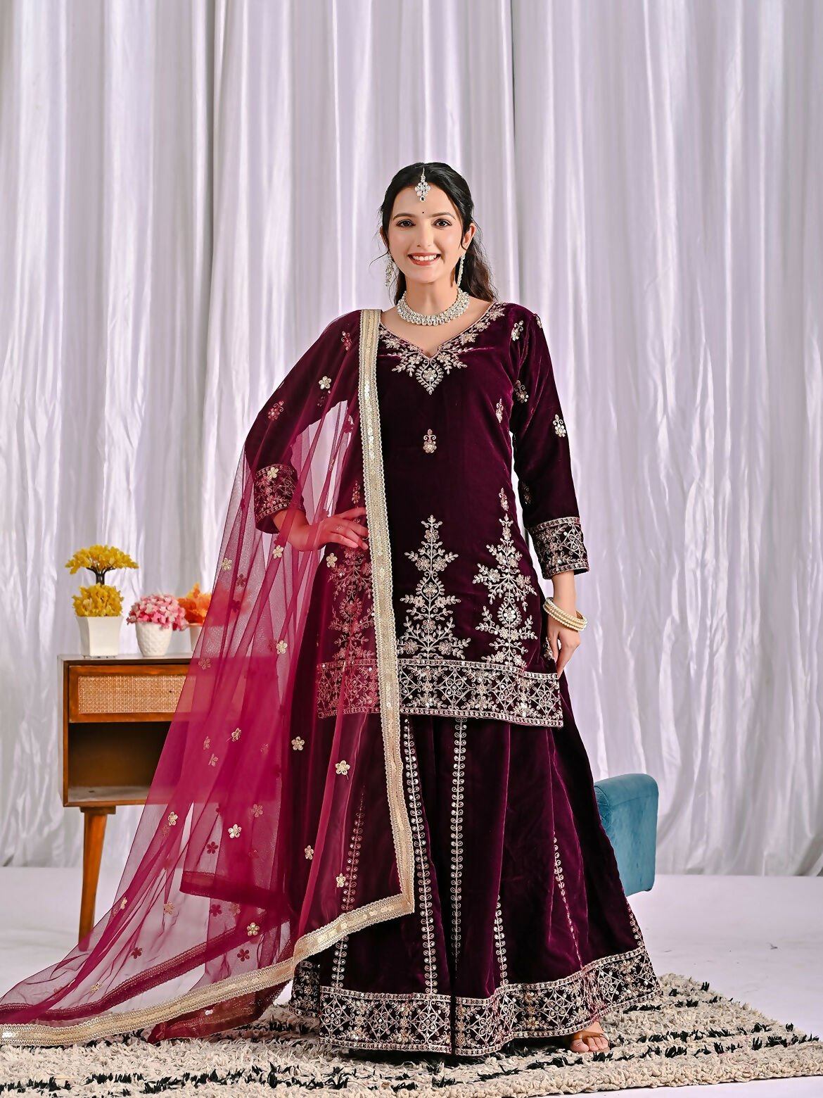 Joban Fashion Wine Velvet Sequence Embroidery Work Kurta Set