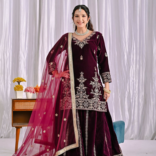 Joban Fashion Wine Velvet Sequence Embroidery Work Kurta Set - Distacart