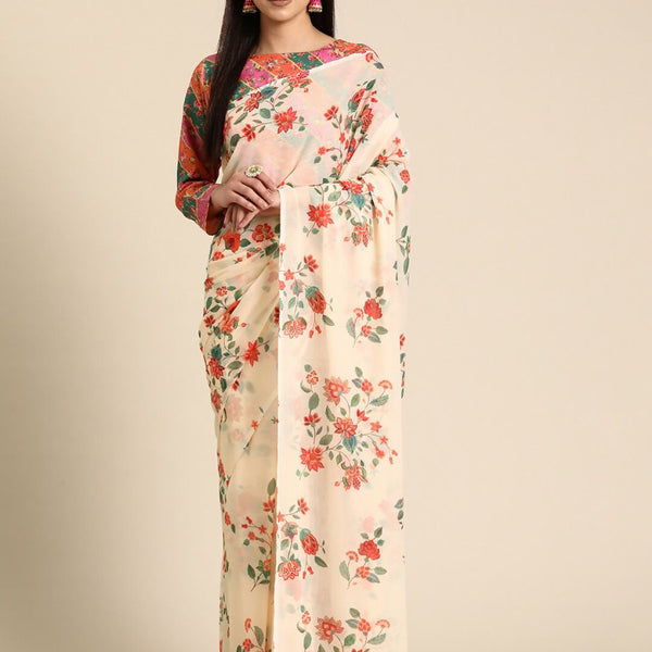 Ahalyaa Women's Traditional Semi Stitch Saree - Off White - Distacart