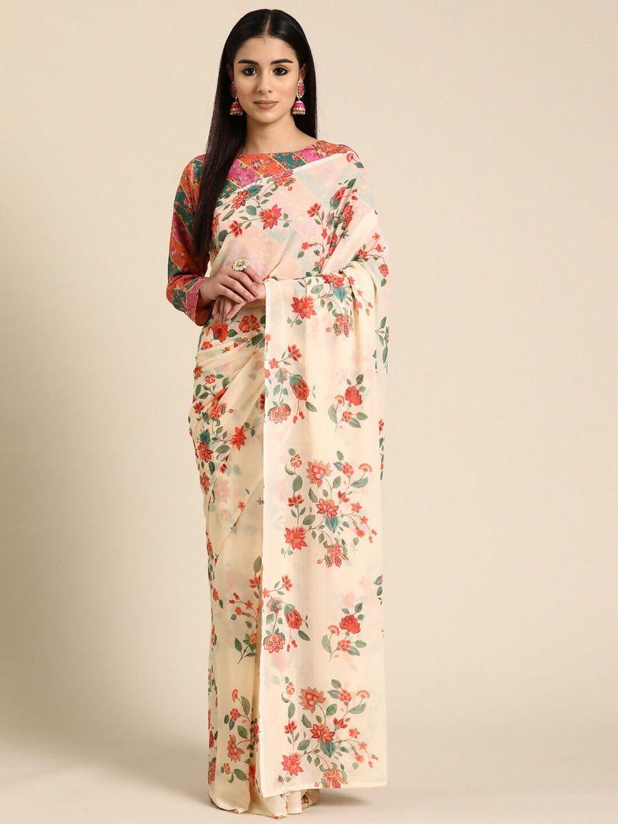 Ahalyaa Women's Traditional Semi Stitch Saree - Off White - Distacart