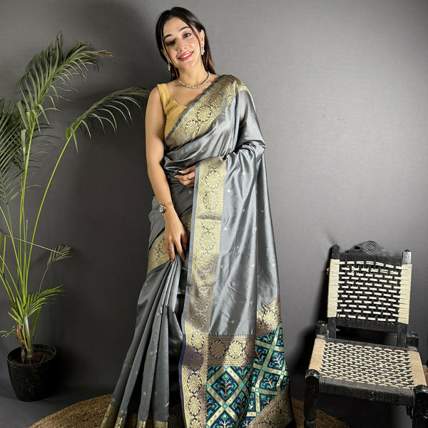 Joban Fashion Grey Banarasi Cotton Silk Woven Saree
