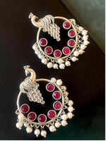 Thumbnail for Joban Fashion Women Pink Silver Replica Peacock Shape Monalisa Stone Beaded Round Earring - Distacart